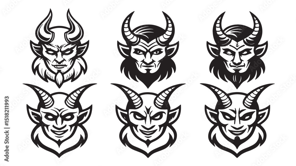 Six Devil Head Illustrations Black and White Vintage Style Vector ...