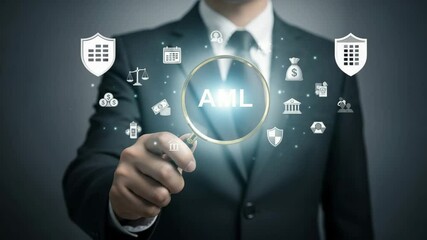 Poster - Man in suit holds magnifying glass focusing on aml with financial icons around him on gray background
