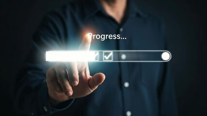 Poster - Man touching progress bar with check marks on a screen wearing a dark blue collared shirt