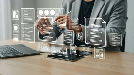 Poster - Man in suit using tablet and stylus with floating checklist and data analytics graphics on desk