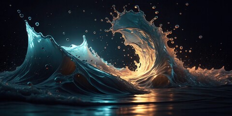 Poster - Dramatic ocean waves illuminated by dynamic lighting, creating a captivating and artistic seascape at night.