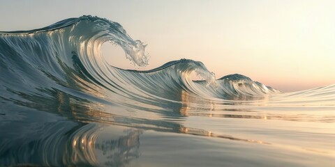 Poster - Crystal-clear ocean waves rise and curl gracefully under a serene sky at sunrise or sunset.