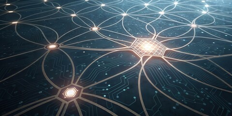 Fototapete - Abstract digital network pattern with glowing nodes, circuitry, and geometric lines depicting technology and connectivity.