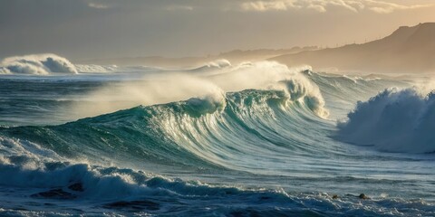Poster - Powerful ocean waves crash against the shore at sunrise, with dramatic lighting and distant cliffs in view.