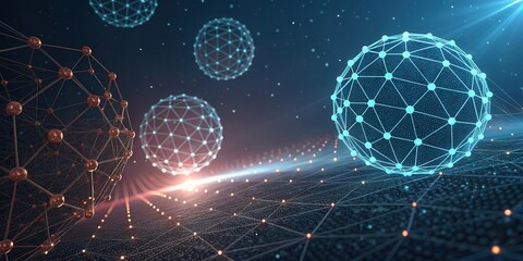 Fototapete - Spherical network structures with glowing nodes and digital connections in a futuristic, abstract environment.