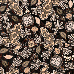 Brown and Beige Stylized Poison Dart Frog Psychedelic Vector Seamless Pattern, Trippy Art Fantasy Mushrooms and Reptilian for Fabrics and Wallpapers