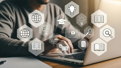Poster - Person typing on laptop with education and technology icons overlayed on the screen display area