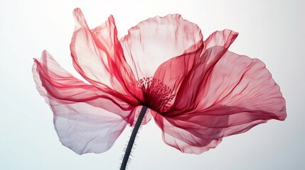 Poster - A vibrant red flower is showcased from the underside, its delicate petals appearing translucent against a bright background. The fine details of the petals create a stunning visual contrast