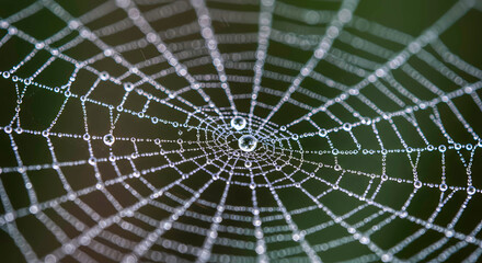 close-up macro photograph of a dew-covered spiderweb