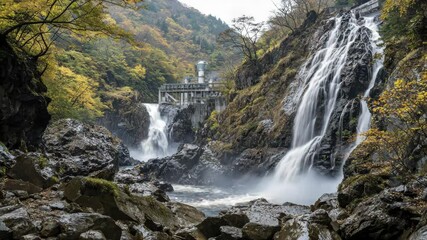 Poster - A powerful waterfall cascades down rocky cliffs near a small industrial hydro facility, surrounded by lush autumn foliage.