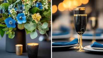 Fototapete - Regal palette of black, gold, and blue with candles and vintage