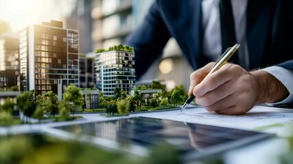 Poster - Business Professional Analyzing Architectural Model with Green Landscape in Modern Urban Environment