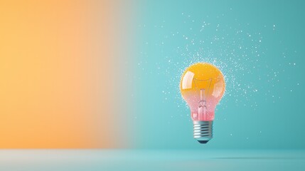 Fototapete - A surreal and captivating close up image of a bright glowing lightbulb floating against a vibrant color contrasted background with splashing liquid droplets surrounding it