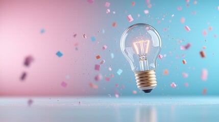 Poster - Surreal and captivating close up of a bright luminous lightbulb suspended against a soft pastel colored background creating a sense of ethereal and imaginative wonder