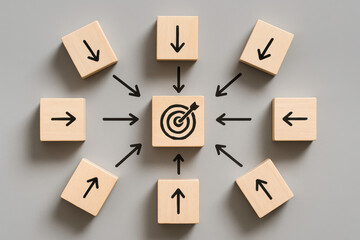 Poster - Concentration focus and strategy is symbolized by wooden blocks directing attention toward a central target icon representing business alignment and goal achievement