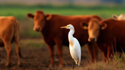 a serene scene of a white bird standing among brown cows in a lush green field at dusk