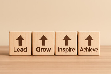Poster - Wooden blocks arranged in a row symbolize leadership growth inspiration and achievement reflecting business progress and motivation