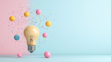 Poster - Glowing lightbulb suspended in a surreal pastel colored environment with floating spheres symbolizing creativity innovation and a visionary perspective