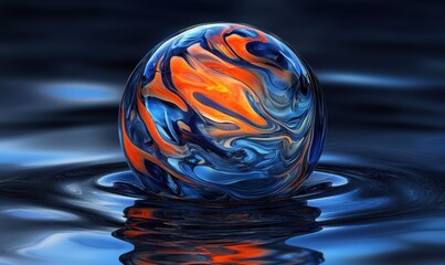 Poster - Abstract blue orange glass sphere floats on water, dark background, for design