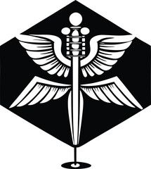 Poster - Hexagonal emblem featuring a winged sword and ornate design elements