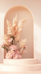 Poster - A delicate arrangement of soft pink flowers and fluffy pampas grass is showcased in a subtle archway, featuring calming pastel tones and a serene aesthetic