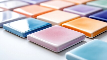 Fototapete - Square watercolor tiles in calming pastel palette, scattered neatly over white backdrop