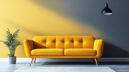 Poster - A stylish yellow sofa is centered against a dark gray wall in a contemporary living room. A potted plant sits nearby, and a pendant light hangs above, creating a warm ambiance in the space