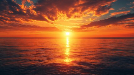 Poster - Vibrant colors fill the sky as the sun sets over a serene ocean, reflecting golden and orange hues on the water's surface, accompanied by fluffy clouds. The peaceful scene offers tranquility