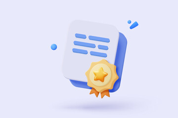 Fototapete - 3d certificate or diploma icon with medal and ribbon bow. White clipboard task management todo check list in preschool, prize on project plan concept. 3d graduation icon vector render illustration