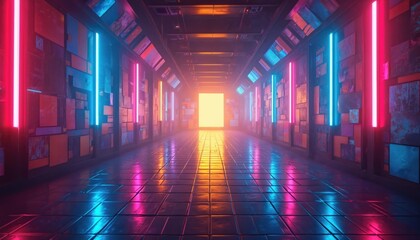 Poster - Futuristic disco tunnel with neon glowing wall panels. Interior with colorful lights reflecting on tile floor. Night club, dance party, music event, retro vibes.