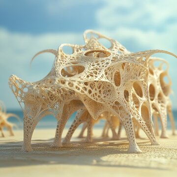 Abstract Organic Structure on a Beach with a Blue Sky Background
