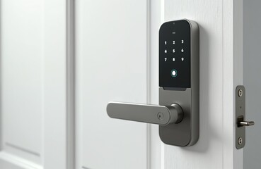 Poster - Smart door lock system, digital keypad, fingerprint scanner, keyhole on white door. Modern house security, technology, wireless access, smart home automation. Innovation, privacy, protection.