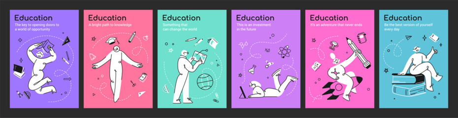 Poster - Abstract school poster. Education card. People study on university training. Book icon. Business exam. Course idea in science. College graduation. Library textbook. Vector banners set