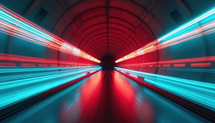 Poster - Abstract tunnel with red and blue light trails. Zoom movement, long exposure. Futuristic highway, vehicle acceleration, creating velocity, high speed, transportation technology.