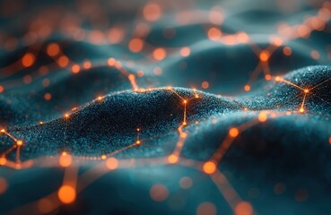 Poster - Illustration of nanotechnology concept abstract digital design with orange connections. Futuristic tech, innovative science background, network connections, modern innovation. Neural network,