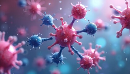 Poster - Illustration of biological cells, enzymes, substrates in abstract visual representation. Animation concept with dynamic interaction of molecular models for science, medical education. Perfect for