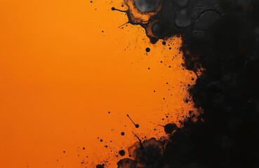 Poster - Abstract illustration features orange background with black brush marks. Ink splash with spots. Grunge texture design elements for poster, website design, advertising, marketing, social media content.