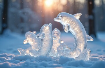 Poster - Magical ice sculptures in winter scene. Dolphins sculptures reflecting light, crafted with artistic skill. Transparent ice with bokeh effect. Winter holiday, christmas celebration mood.