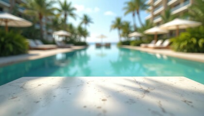 Aufkleber - Empty white stone marble table with blurred swimming pool in luxury tropical resort. Blurred blue water, green plants. Perfect advertising background for product display, mock-up, product placement,