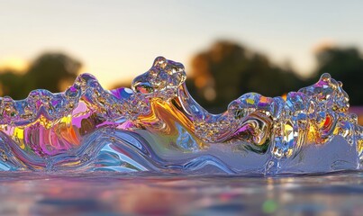 Poster - Iridescent glass wave at sunset, park background, abstract art