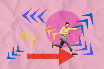 Aufkleber - Composite 3D collage trend template design of young guy run smile hold smartphone goal hr startup hiring resources recruitment direction