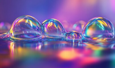 Poster - Iridescent soap bubbles on surface, colorful bokeh background, abstract macro photography, ideal for design