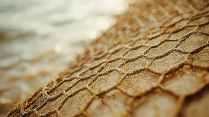 Detailed view of a fishing net with the ocean blurred in the background during sunset.
