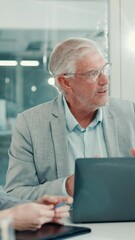 Poster - Man, talk and laptop in meeting in office for financial planning, feedback and budget review. Mature person, team and discussion for online update, investment report and information for profit growth