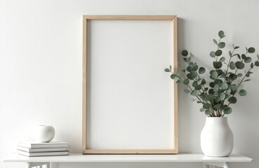 Poster - Wooden frame mockup with empty space on a white shelf with white pot and eucalyptus branches. Perfect for displaying art, photos or prints. Modern interior decor.