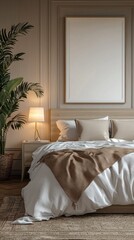 Fototapete - A modern bedroom showcases a stylish bed with neutral bedding, a cozy throw, a bedside lamp, and lush greenery, creating a soothing atmosphere perfect for relaxation