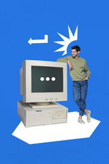 Poster - Composite artwork photo collage trend template of psychedelic online technology computer vintage remote young man stand hang arrow point