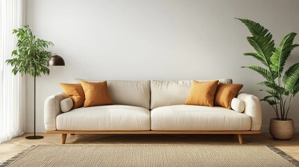 Poster - Modern living room features a cozy beige sofa adorned with orange pillows, complemented by lush green plants and natural light shining through the windows, creating a warm atmosphere