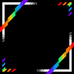 Poster - Black Background with Pixel Art Style Pride Month Rainbow Ribbon and White Dithered Fade Corner Frame 