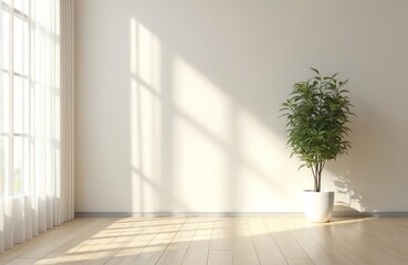 Aufkleber - Empty room interior with sunlight, plant. White walls, wooden floor, minimalist style, blank space. Home decor concept, apartment design, modern style. Mockup template, product presentation, banner